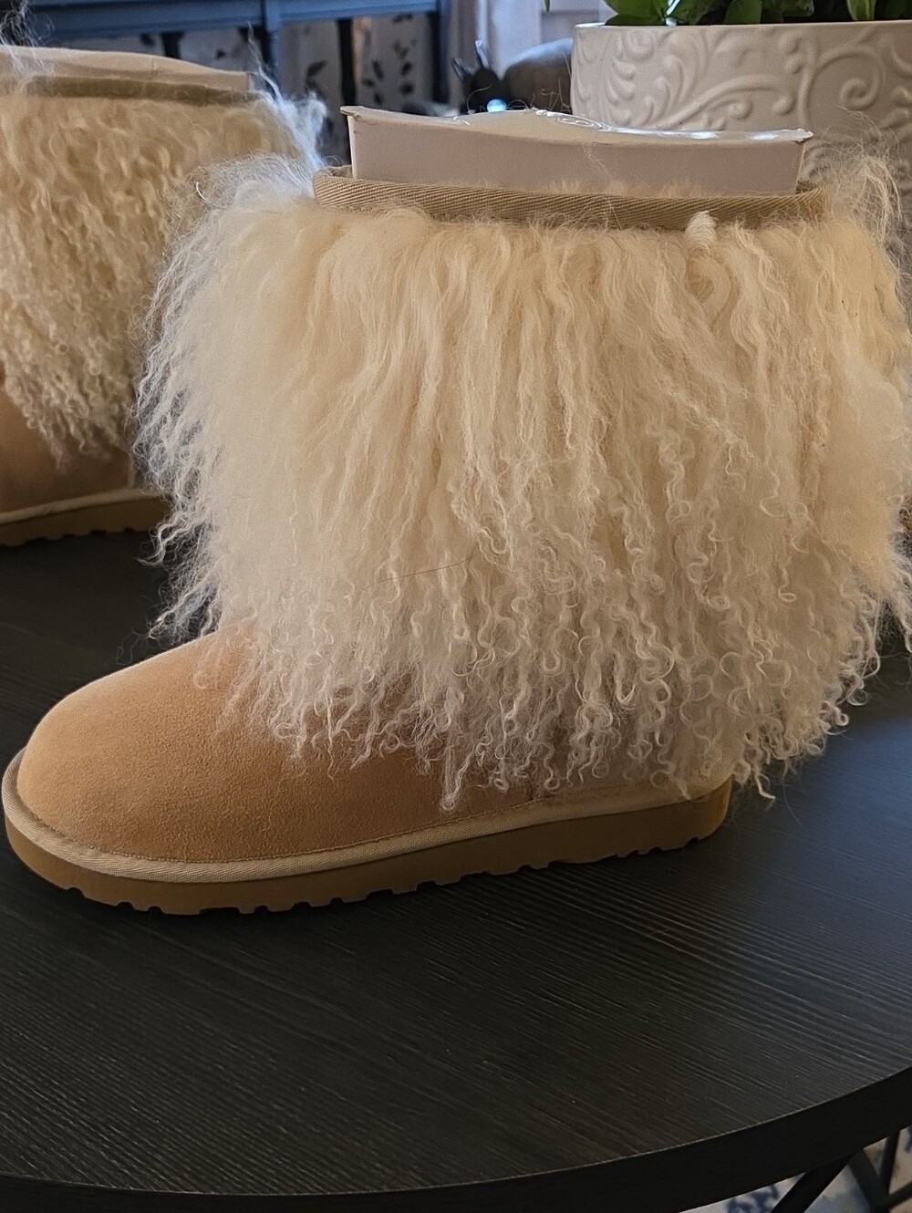 UGG Women's Suede Boot with Cream Curly Shearling Trim